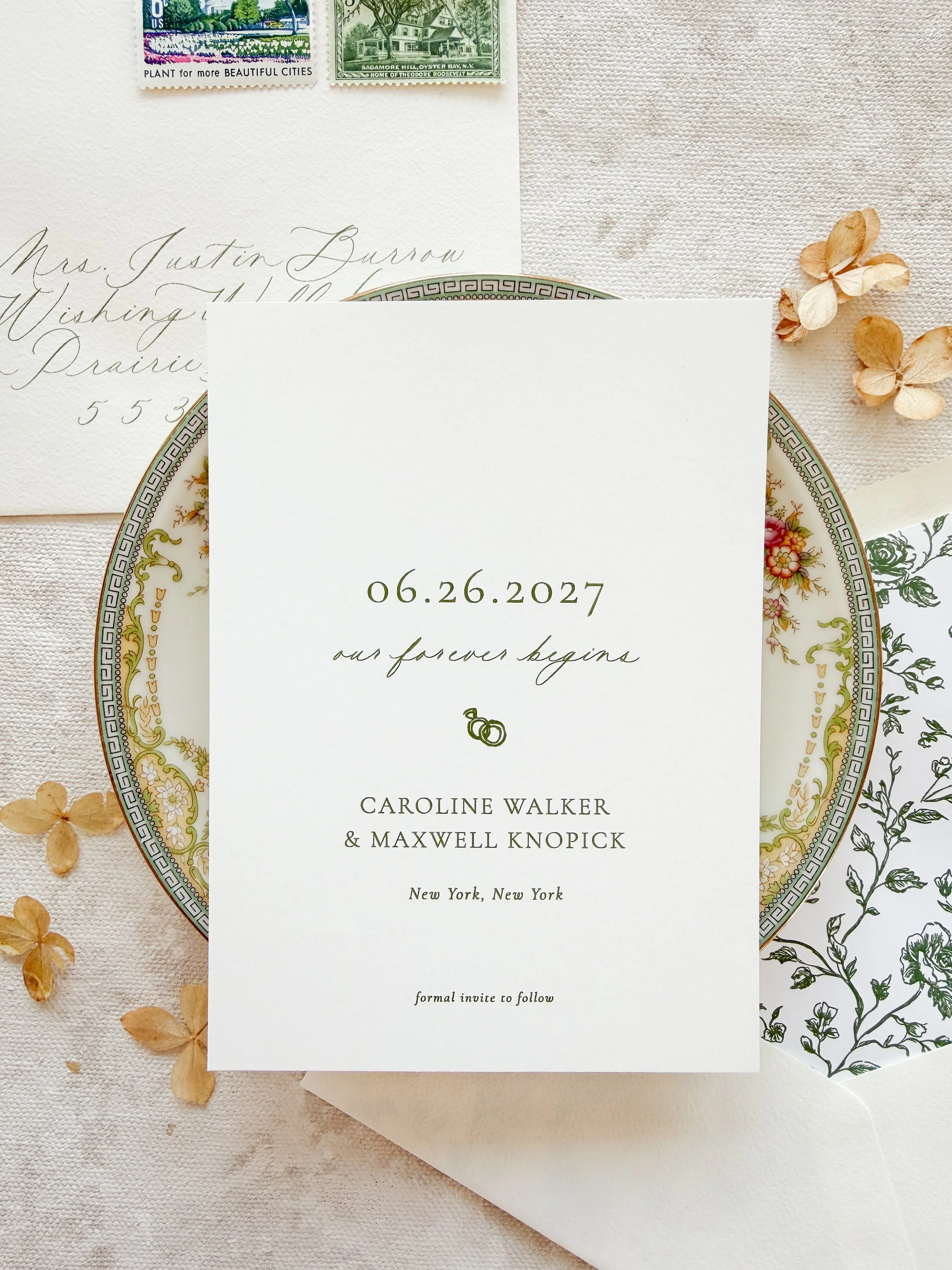 ivory and green save the dates