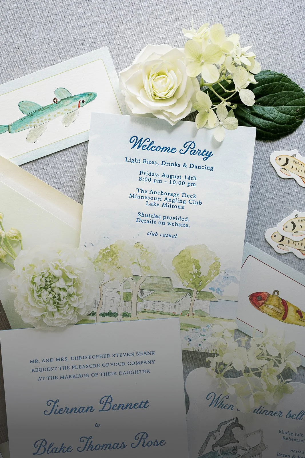 Letterpress and watercolor wedding invitation for a welcome party featuring light bites, drinks, and dancing on August 14th at the Minnesota Angling Club in Lake Miltona, Minnesota with shuttles provided.