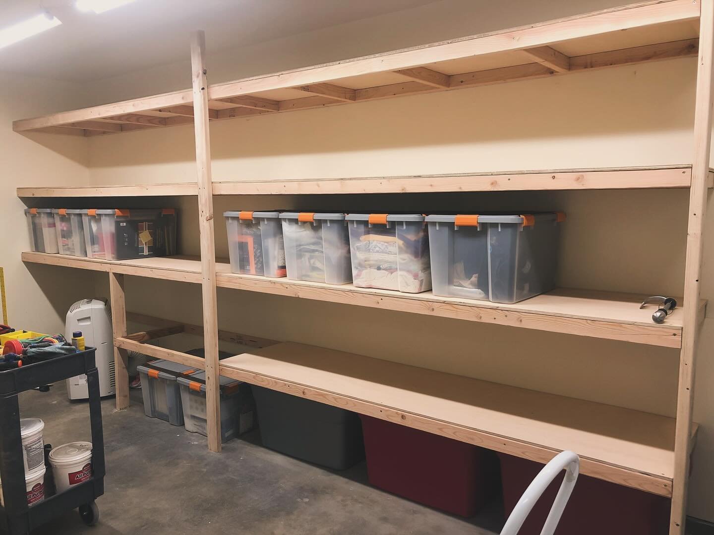 Custom built garage shelves.
