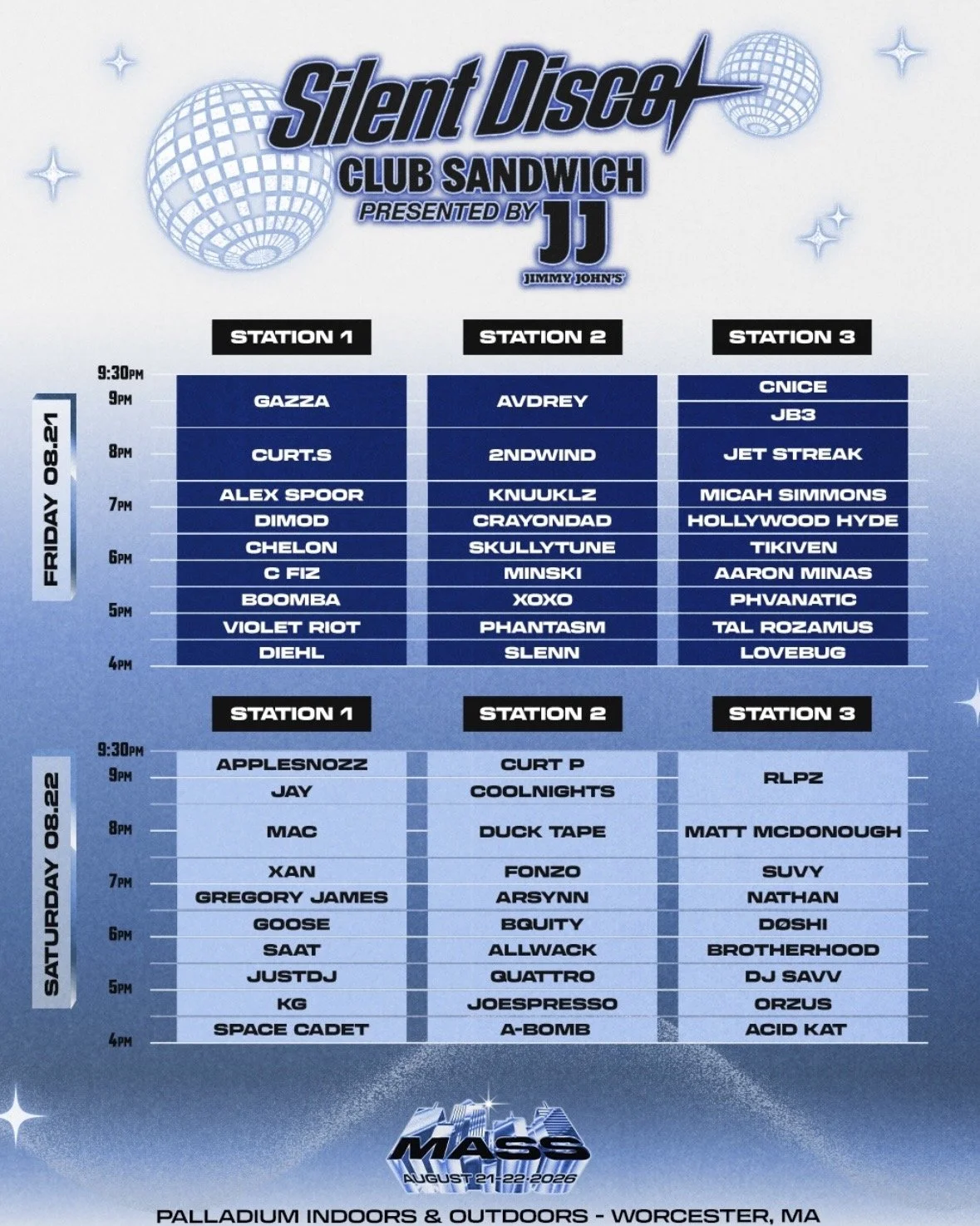 Silent Disco performance schedule across Stations 1, 2, and 3 for Friday and Saturday at Breakaway Festival.