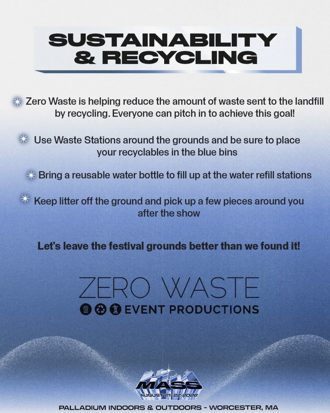 Sustainability and recycling guidelines graphic outlining zero-waste goals, recycling bin usage, water refill stations, and litter policies.