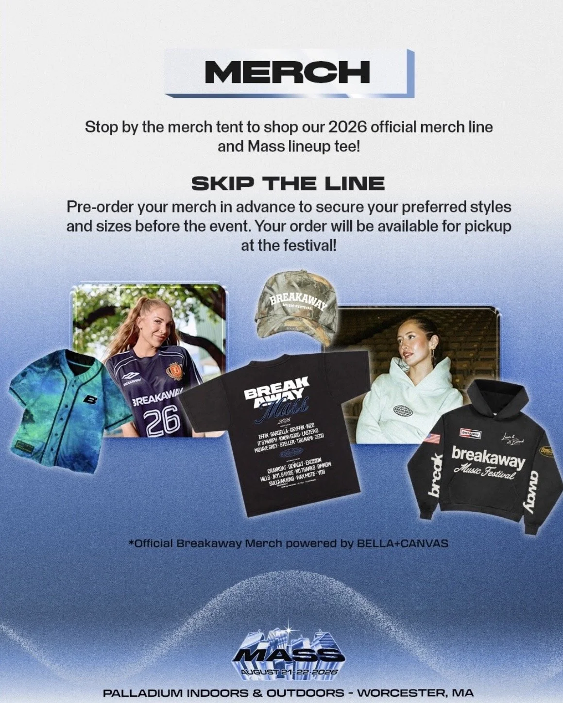 Official Breakaway Mass 2026 merch promo image showing apparel including jersey, hoodies, tee, and hat, with details to skip lines by pre-ordering online.