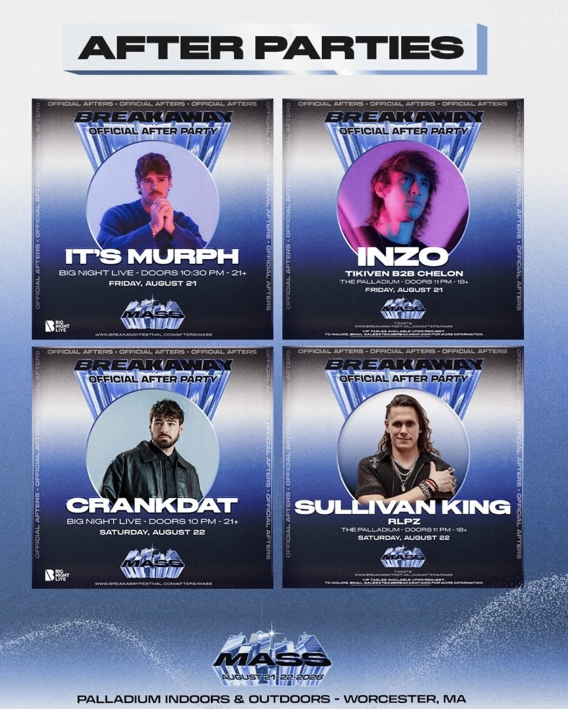 Official After Parties schedule for Breakaway Mass featuring It's Murph and Inzo on Friday, and Crankdat and Sullivan King on Saturday.