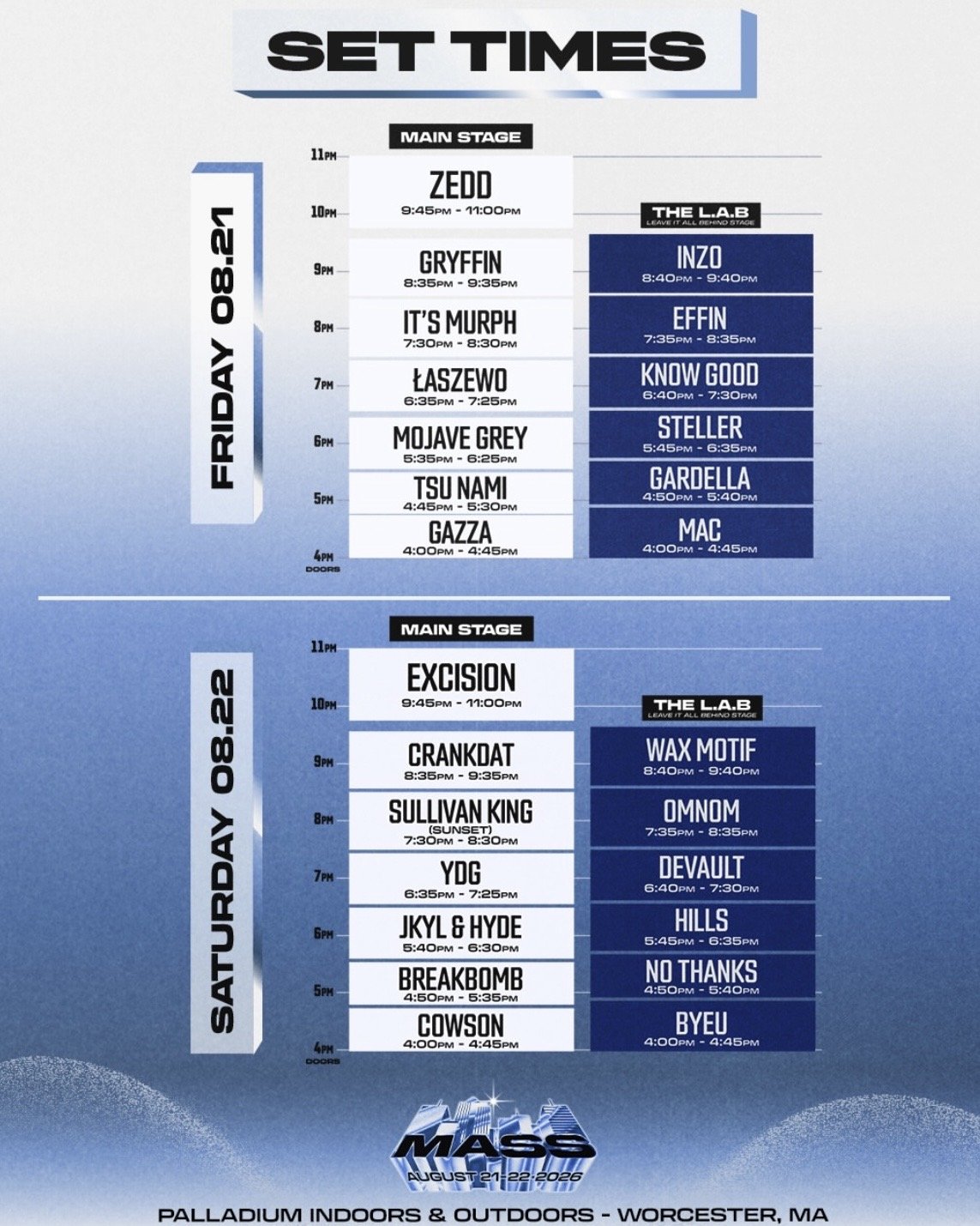 Event schedule for Breakaway Music Festival Mass on August 21 and 22, 2026, featuring Main Stage headliners Zedd on Friday and Excision on Saturday.