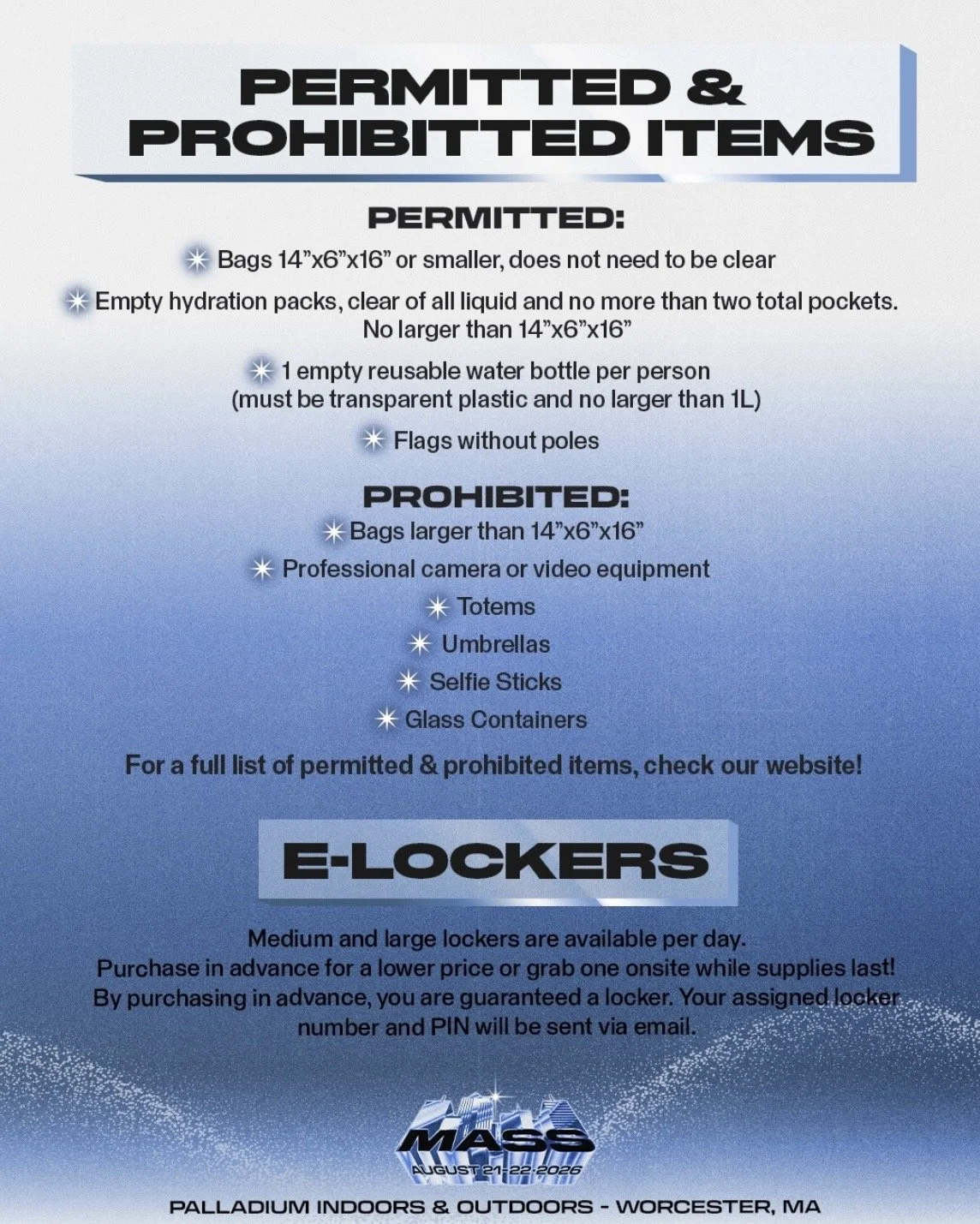 Infographic listing permitted items like small bags and reusable water bottles, prohibited items like totems and professional cameras, and e-locker details.