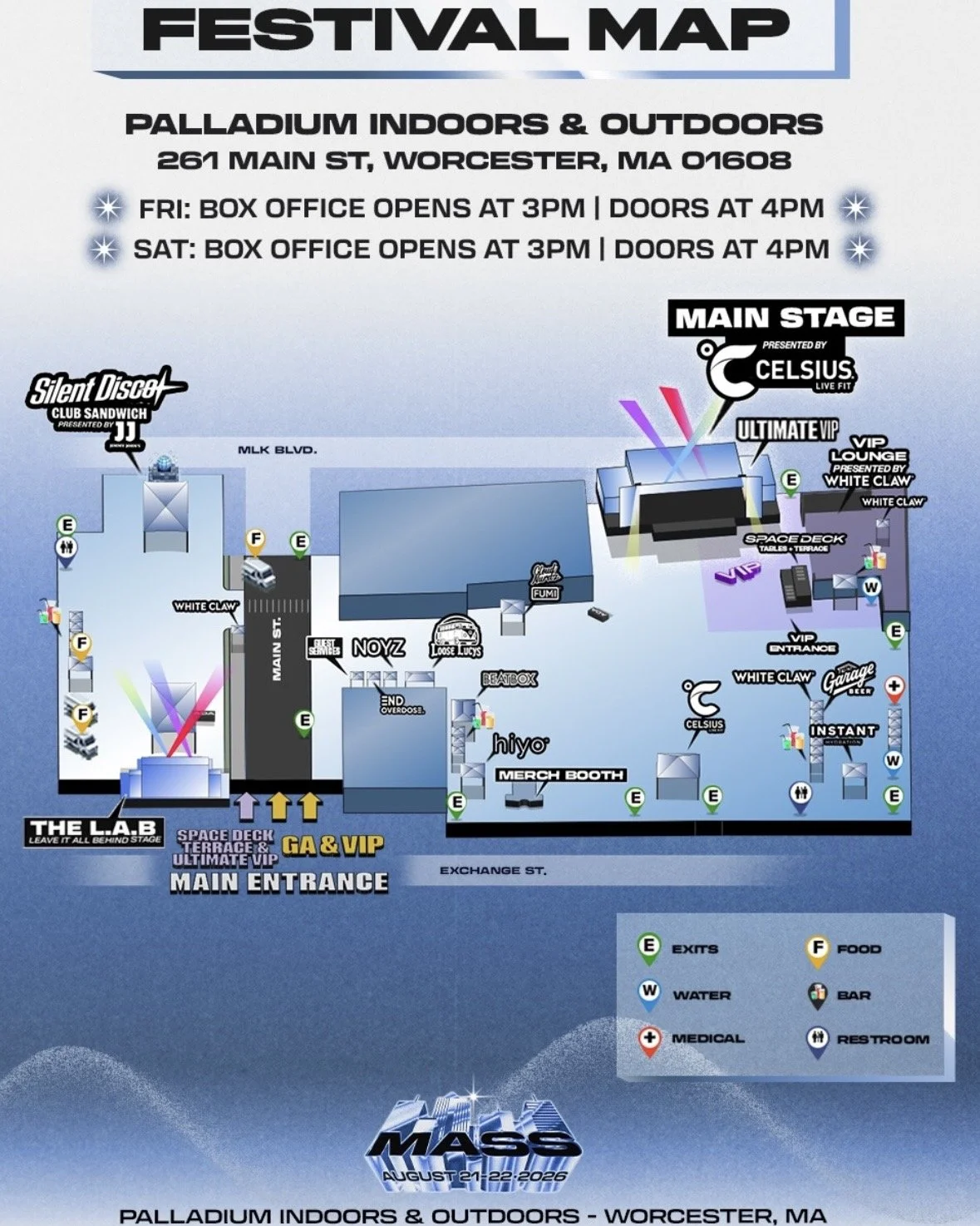 Festival venue map for Palladium Indoors and Outdoors showing stage locations, VIP areas, entrances, exits, water stations, and restrooms.