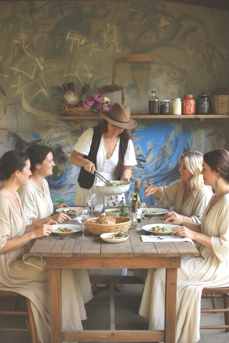 Women dining together at a rustic wooden table with bread, wine, and salads, while one woman serves food from a large bowl. Retreat chef, retreat catering, fermented food, fermentation workshops, Melbourne