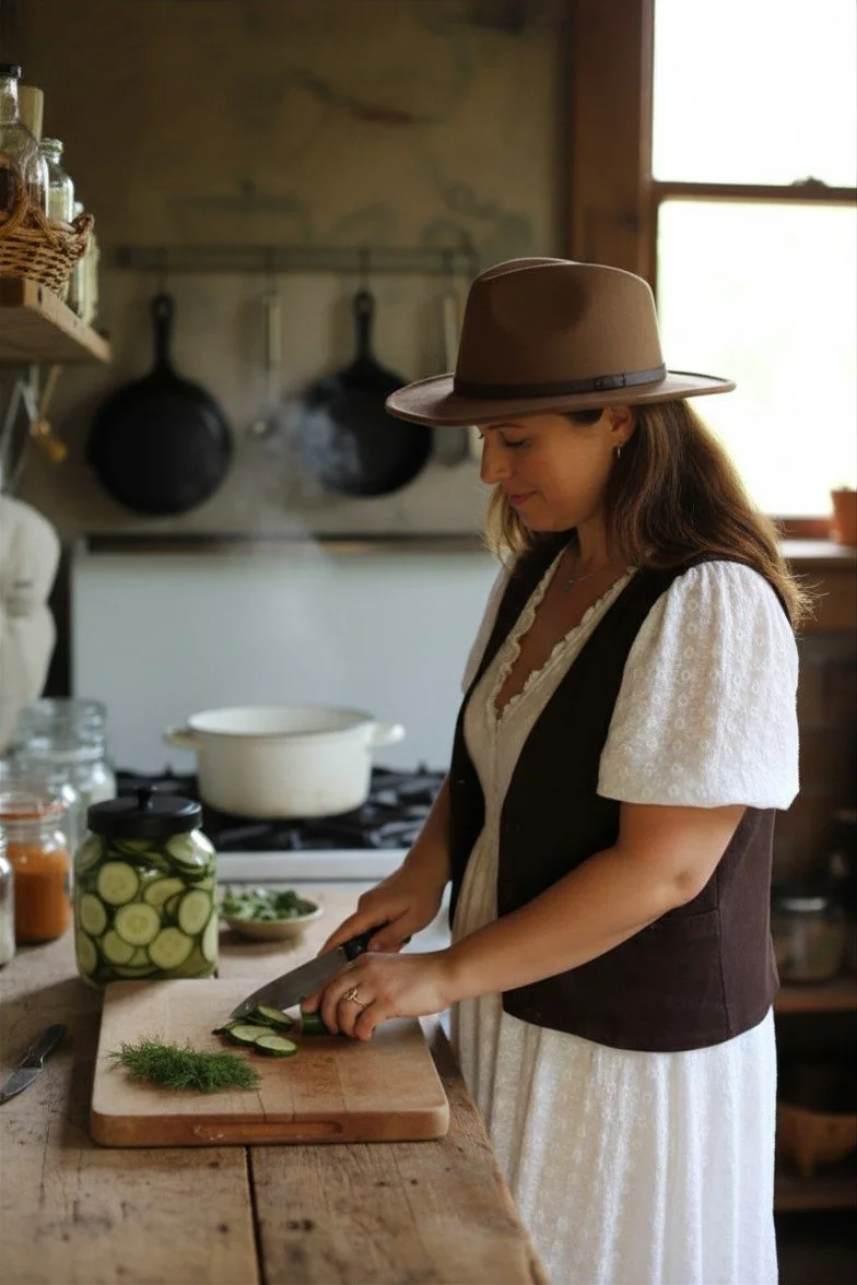 A woman wearing a brown hat, white dress, and dark vest slicing cucumbers on a wooden cutting board in a rustic kitchen.