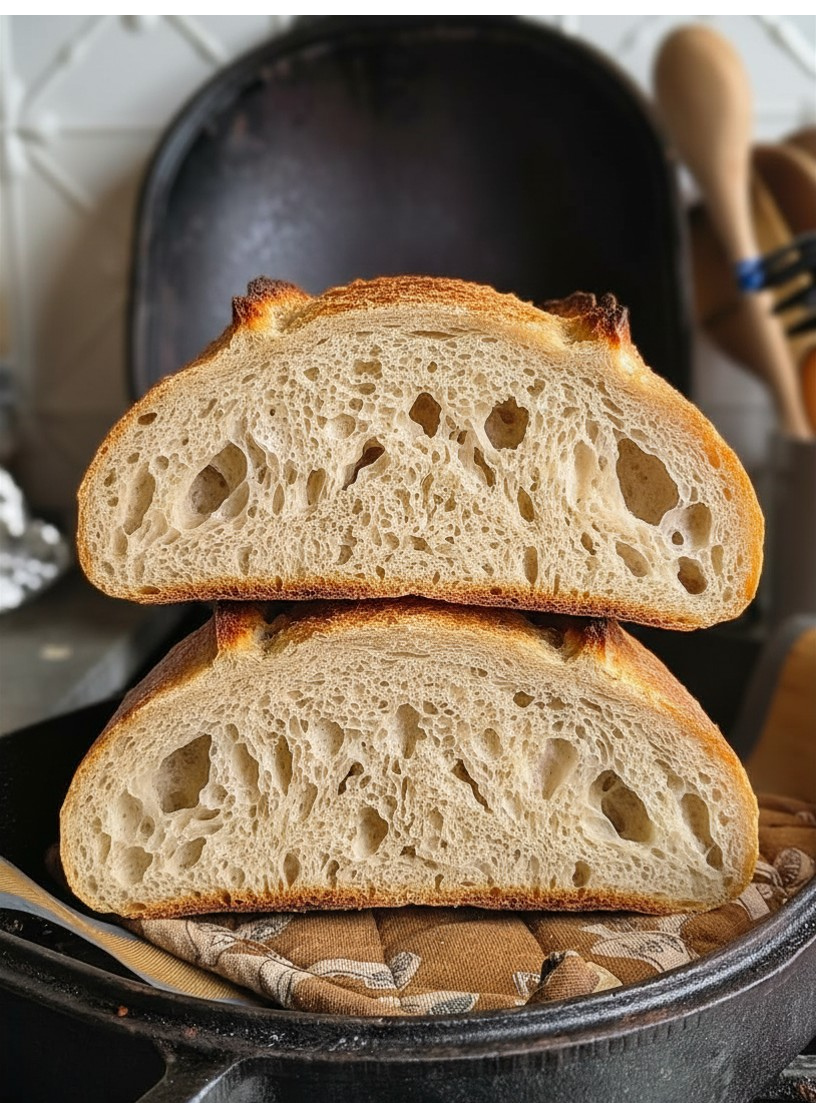 A loaf of sourdough bread cut in half, showing its airy and bubbly interior, placed on a baking tray.