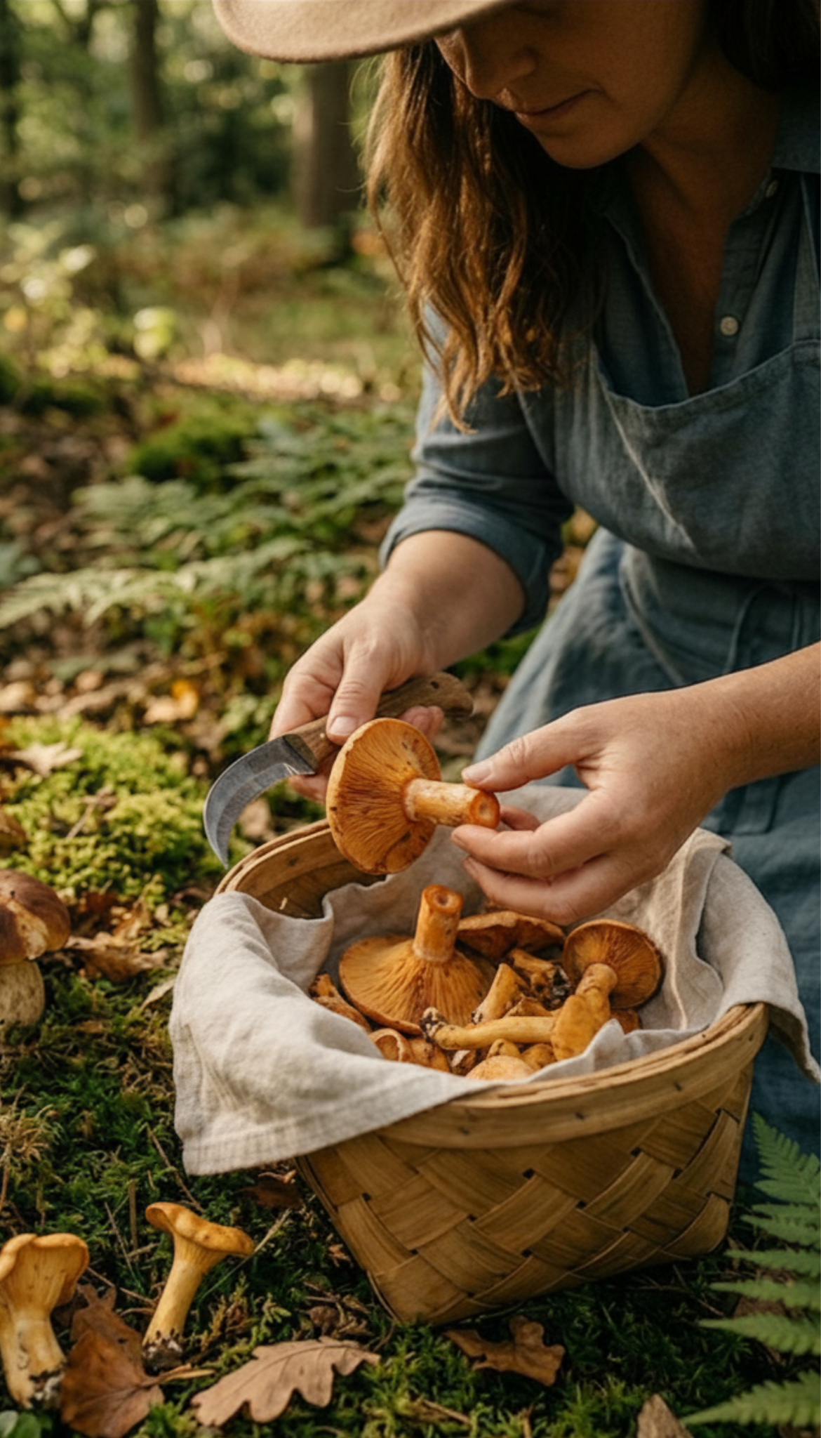 A person collecting wild mushrooms in a basket in a forest, wearing a hat and casual clothing.