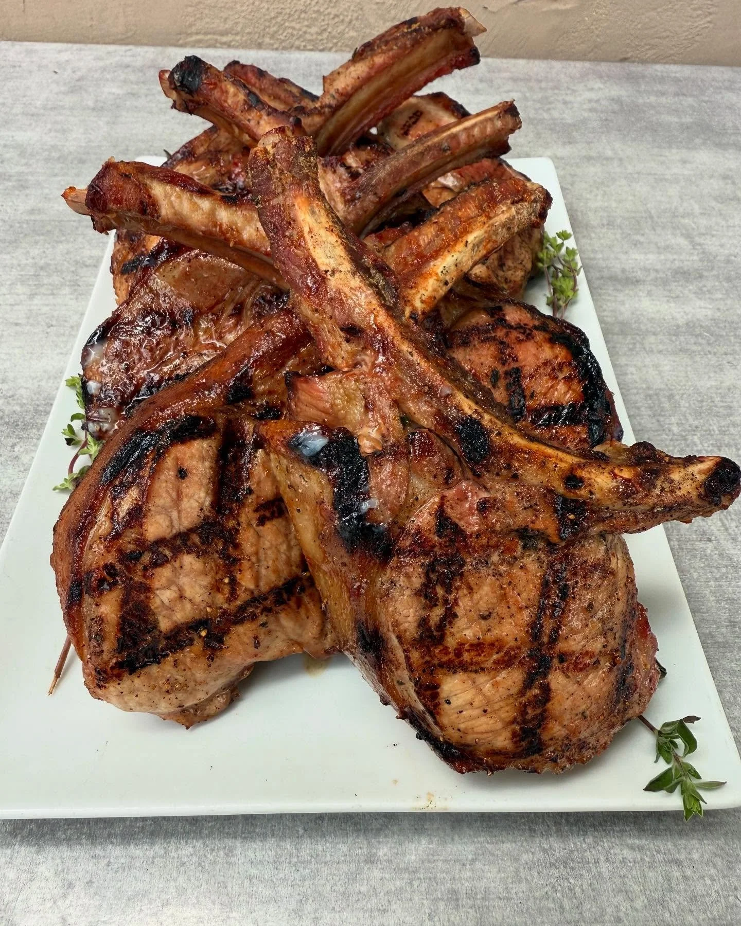 Kurobuta Bone-In Pork Chops from Snake River Farms, honey-brined, thick-cut, and grilled to perfection.

Incredibly tender, deeply marbled, and rich with flavor, these heritage-breed chops are often called the &ldquo;Wagyu of pork&rdquo; and we agree