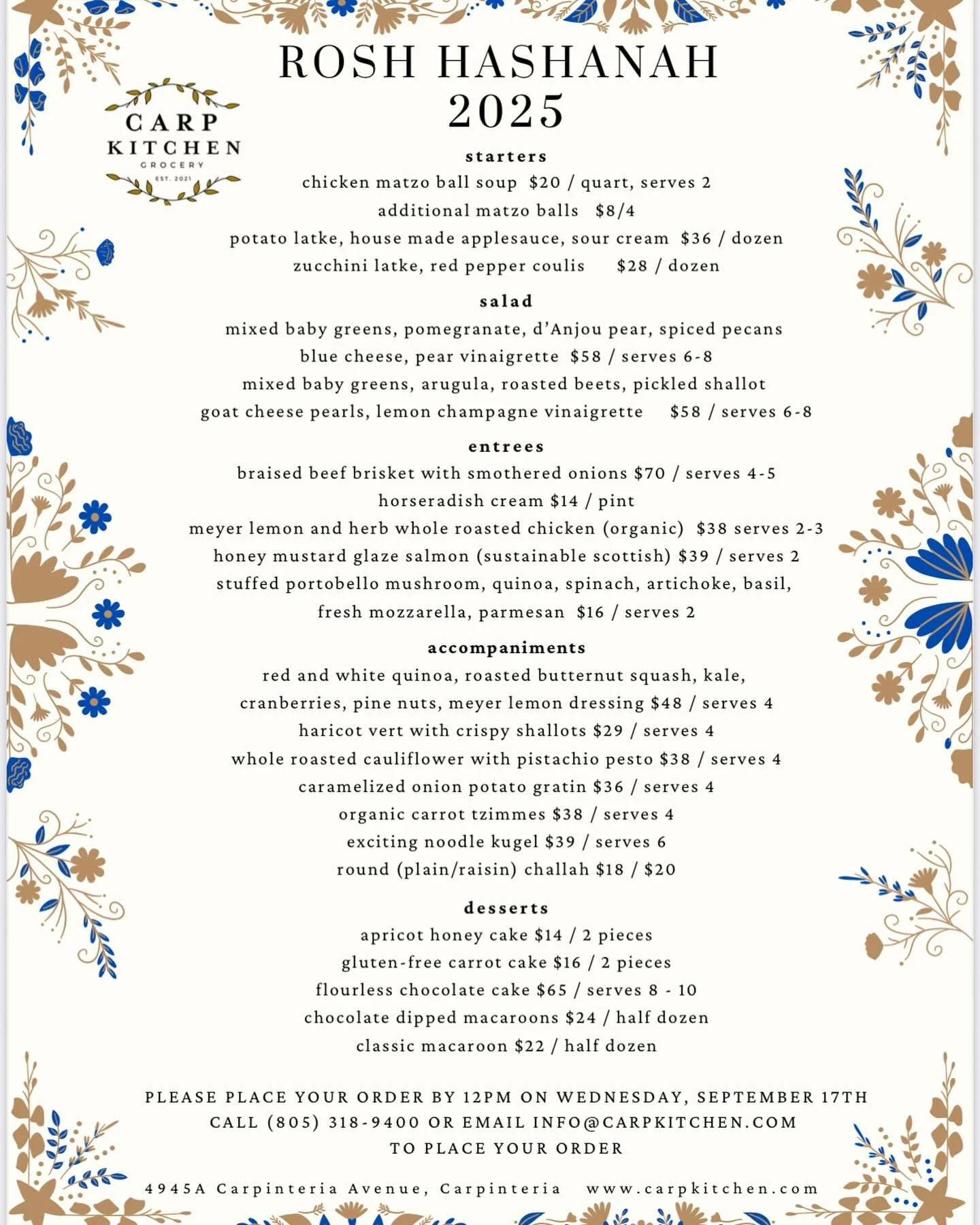 ✨ Celebrate Rosh Hashanah 2025 with Carp Kitchen ✨

Premade holiday dinners, crafted with love and ready to heat when your family and friends arrive.

Starters, salads, entr&eacute;es, accompaniments &amp; desserts, all prepared with seasonal ingredi