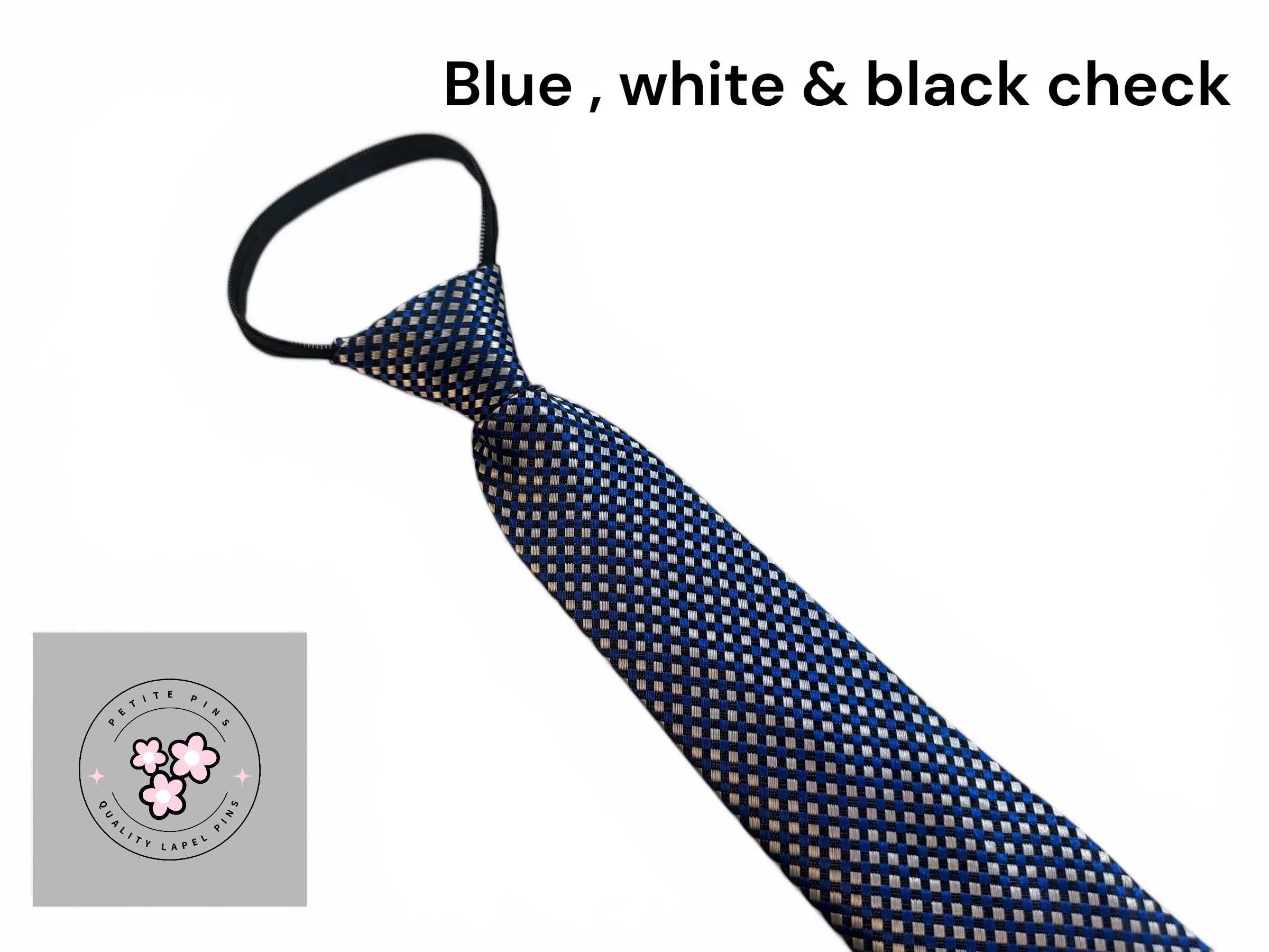 Blue, White  & Black check Zipper Tie
