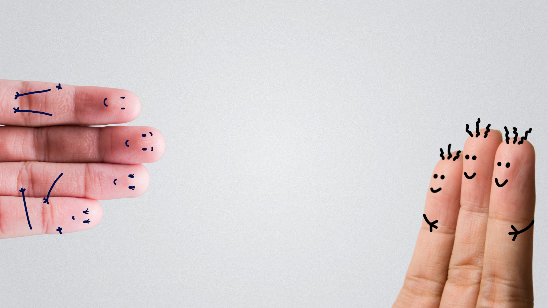 Two fingers with cartoon faces and limb drawings, one on the left with a blue face and limbs, and the other on the right with black face and limbs, facing each other against a light grey background.