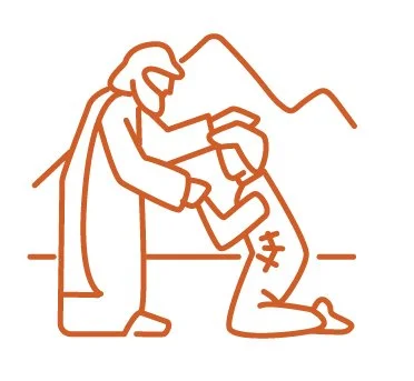 graphic image of the Prodigal son kneeling before the father who is blessing hime