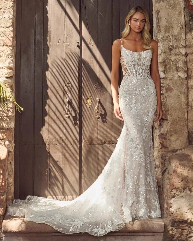 lace maxi dresses for weddings Long Sheath Spaghetti Straps Lace Beach Wedding Dress US16 / Ivory