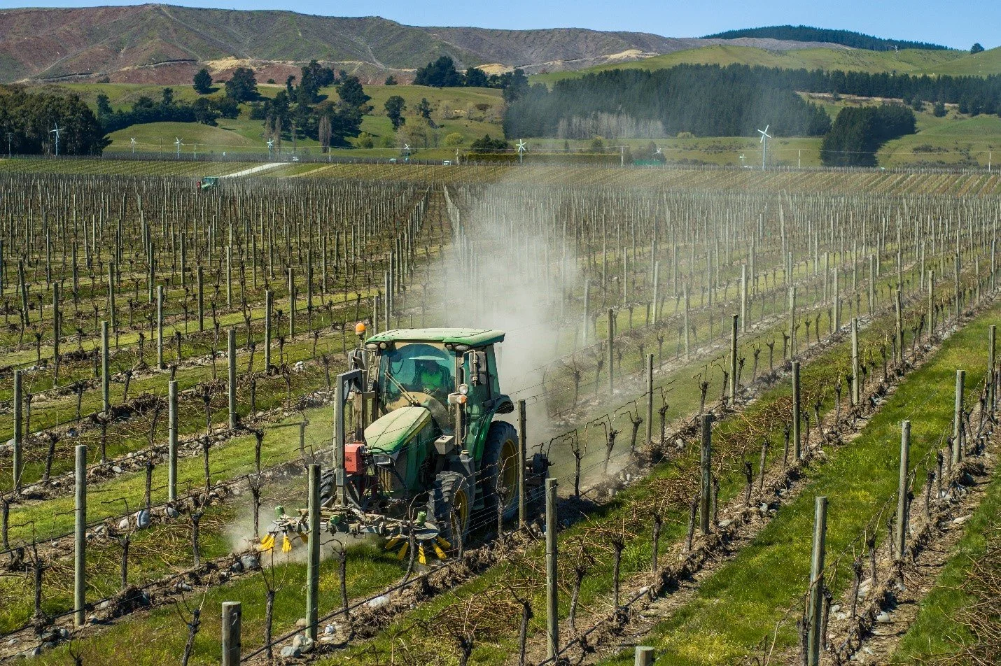 Tractor with sweep and mulch implements operating in a vineyard row
