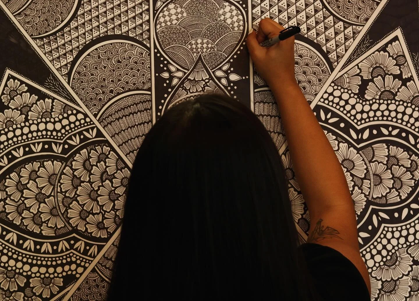 Working on Samanyata &mdash; my largest piece in the EKTA Collection.

Drawn entirely freehand with a sharpie, every section carries its own texture and rhythm. No two alike, yet together, they form symmetry. Inspired by Indian aesthetics, it&rsquo;s