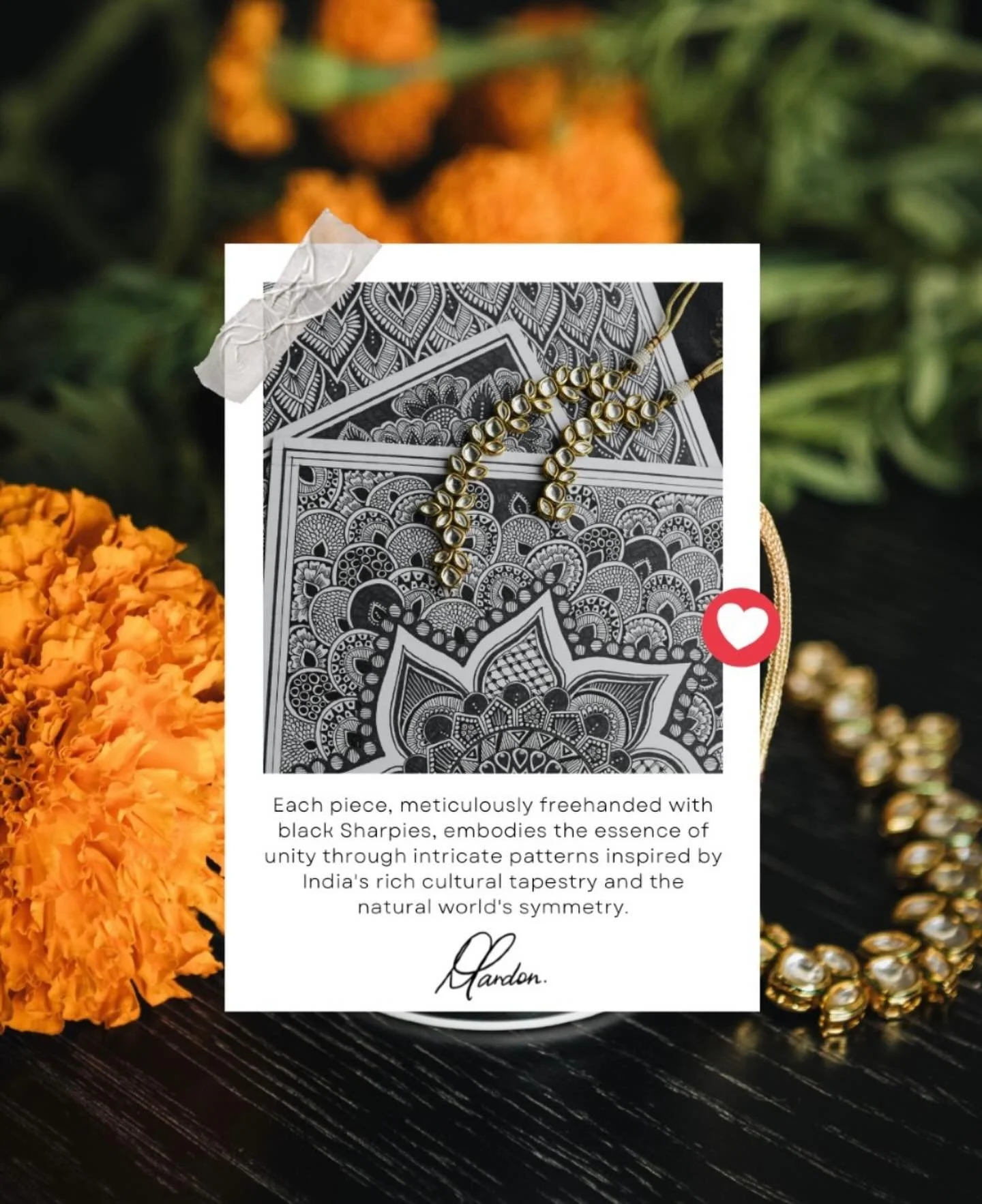 Discover the EKTA COLLECTION by Devika Tandon at Motherland Designs&mdash;a harmonious fusion of tradition and modernity. Each piece, meticulously freehanded with black Sharpies, embodies the essence of unity through intricate patterns inspired by In