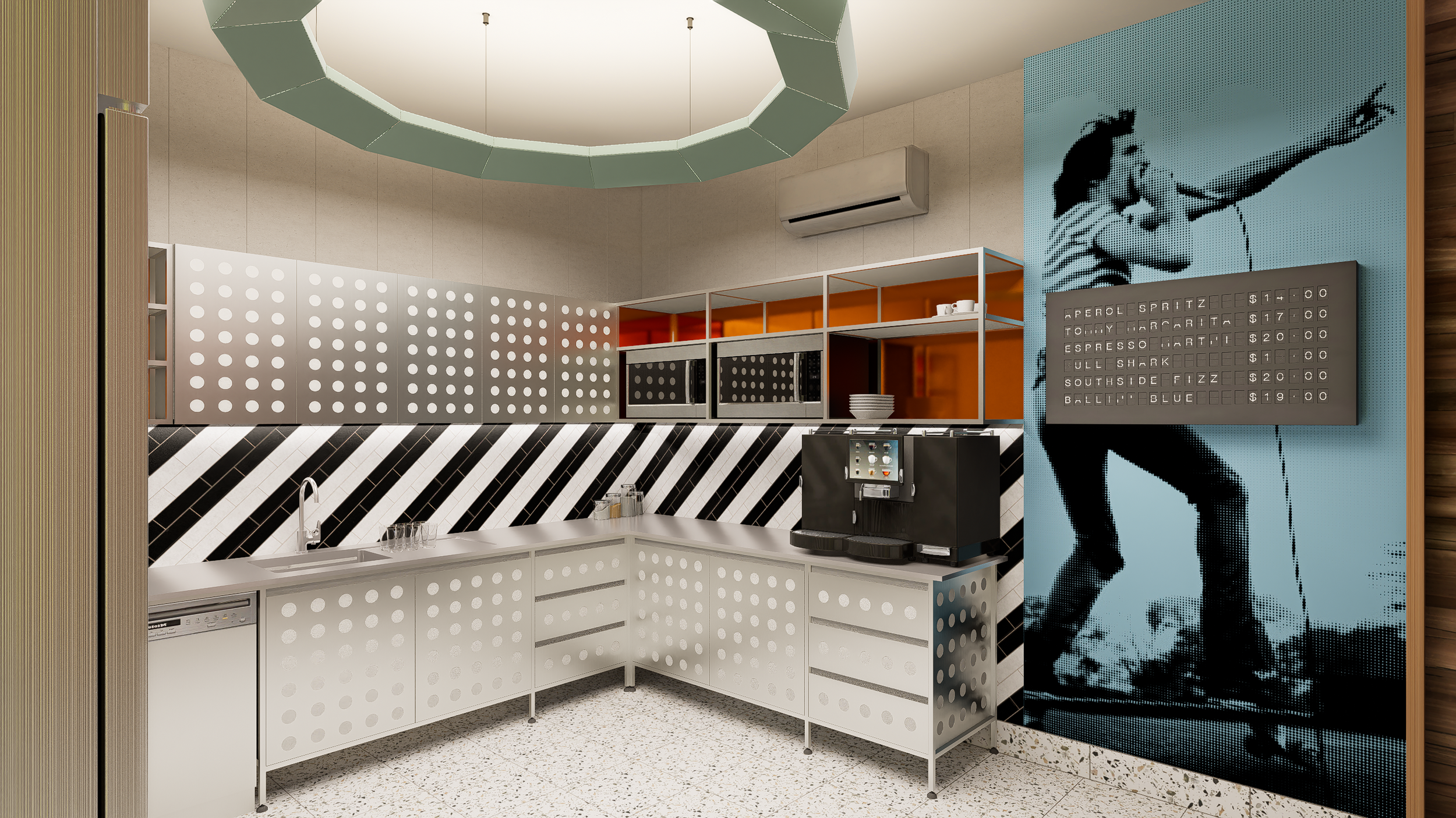 Modern cafe kitchen with black, white, and orange accents, a pixelated wall art of a singer, and an espresso menu with prices.