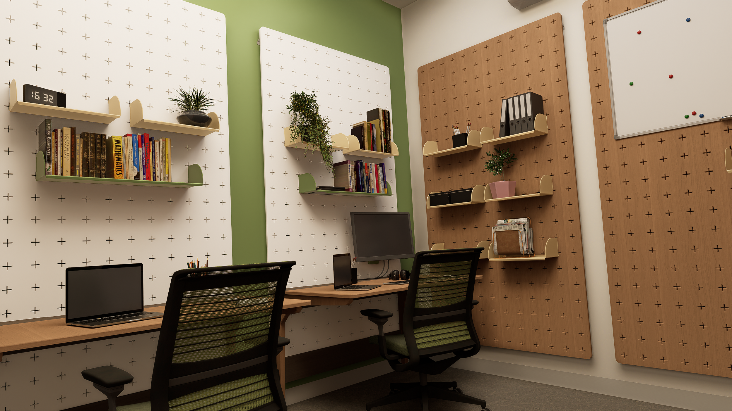 An organized office with three mass-produced wall panels with shelving, two with white backgrounds and one brown, decorated with plants, books, and office supplies. There are two desks with chairs, each with a computer and accessories. A whiteboard with colored magnets is mounted on one panel.