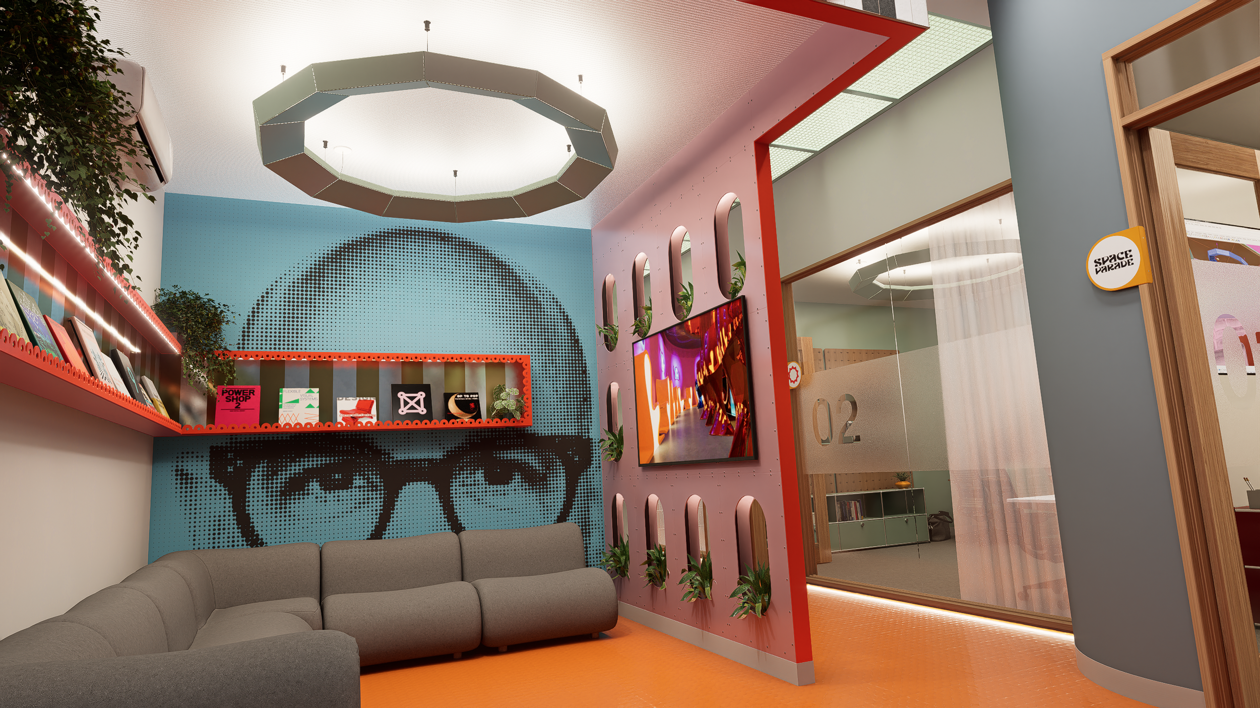 Modern lounge area featuring a gray sectional sofa, a bright blue wall with a large pixelated face wearing glasses, a wall-mounted TV, and decorative shelves with plants. A ceiling light fixture hangs above, and there is a small room with a glass door labeled '02' visible through a curved wall.