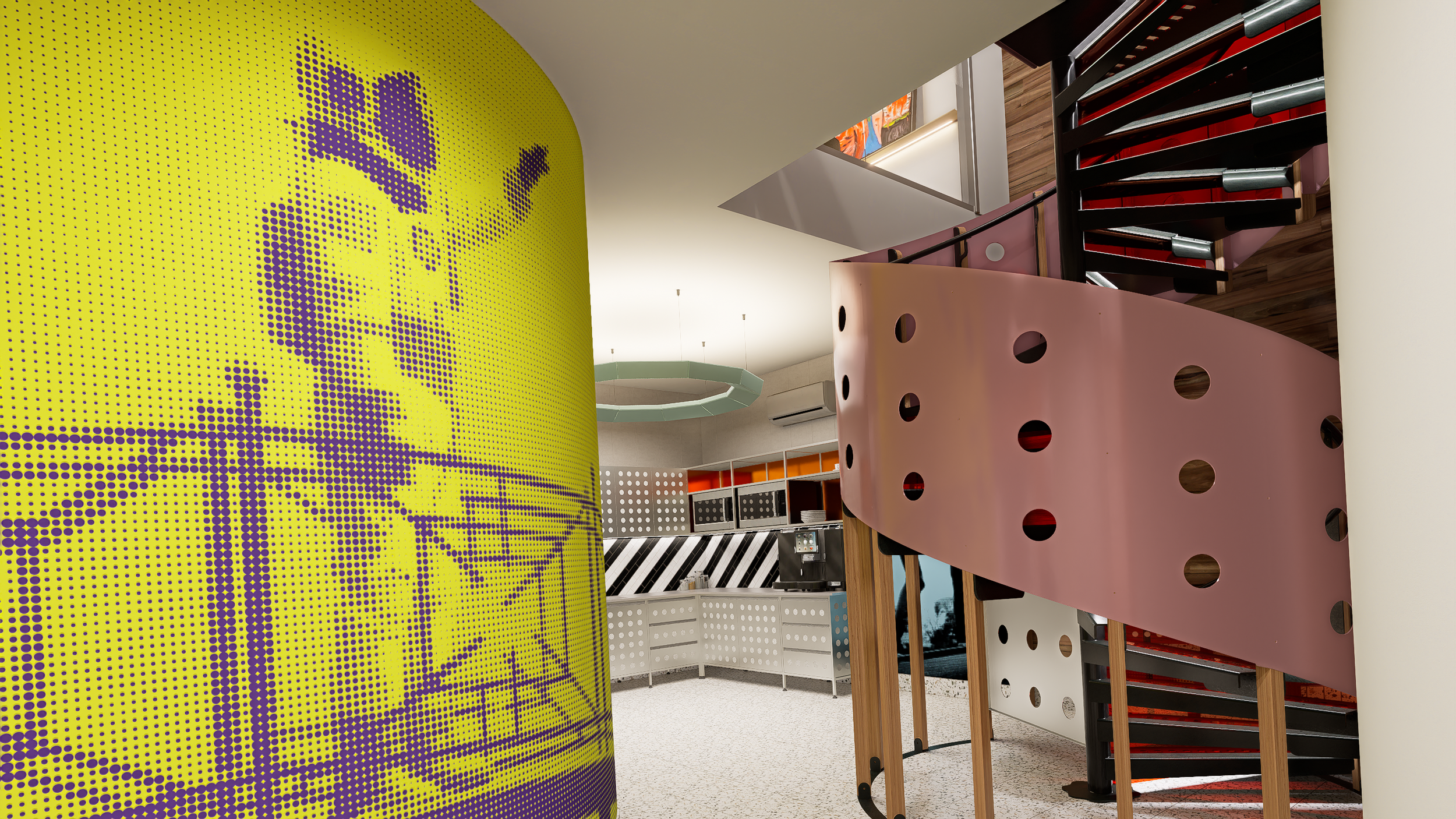 Interior of a building with modern design, featuring a yellow wall with a purple pixel art of a character, a curved pink partition with holes, a spiral staircase with black and red steps, and a circular light fixture hanging from the ceiling.