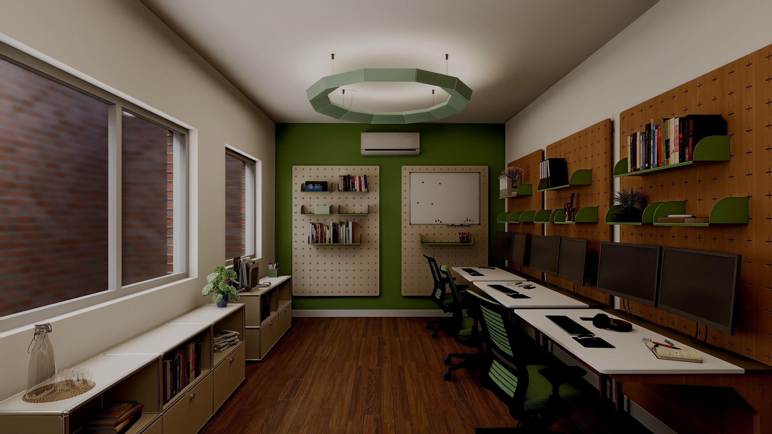 Modern office workspace with desks, chairs, monitors, potted plants, and colorful artwork on the wall.