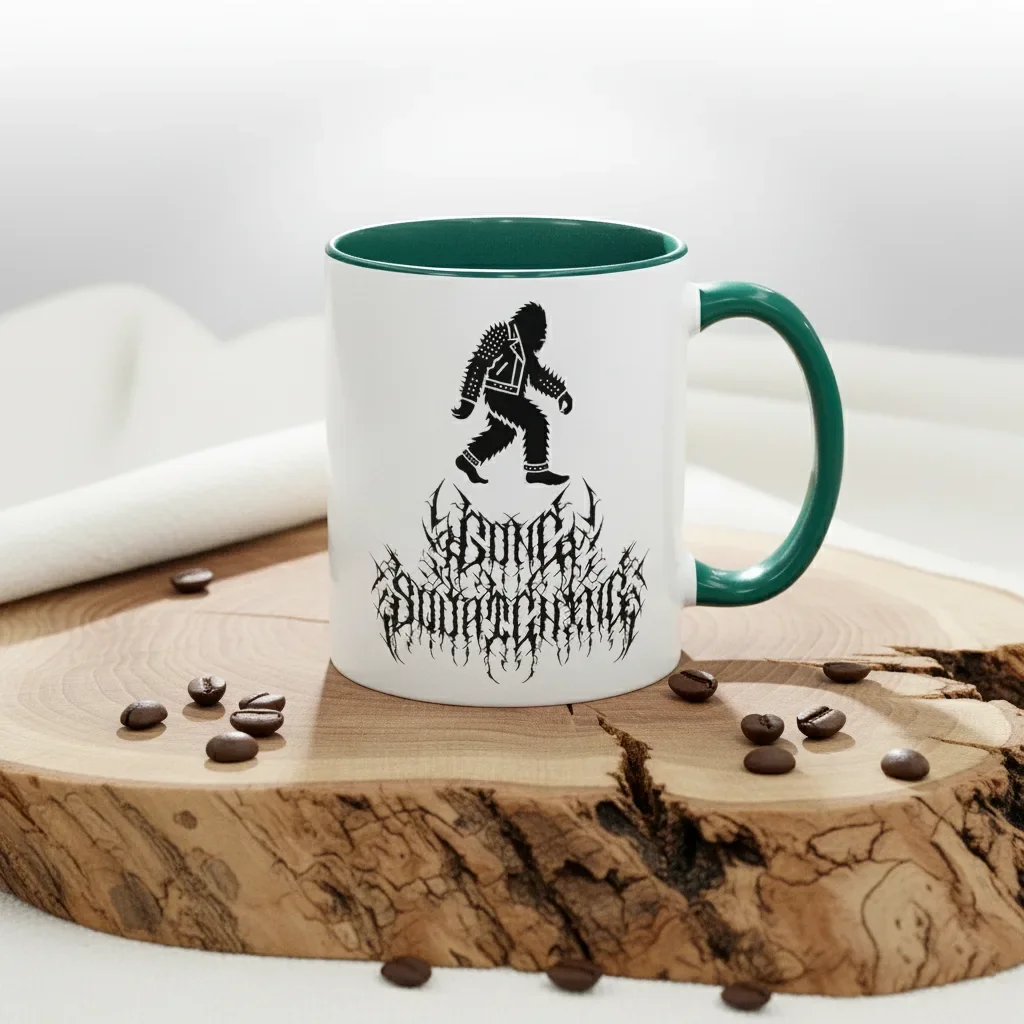 This 11oz green sasquatch coffee mug for death metal believers