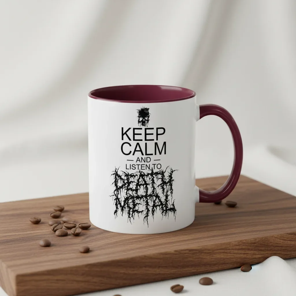 An 11oz maroon keep calm mug of brutal relaxation