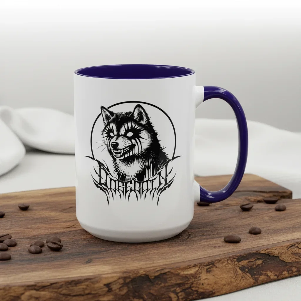 A 15oz blue Doge mug that laughs at paper hands