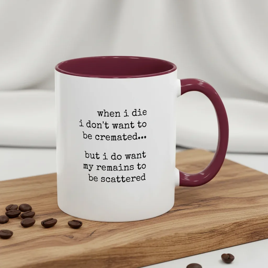 An 11oz maroon creepy coffee mug of dark intentions