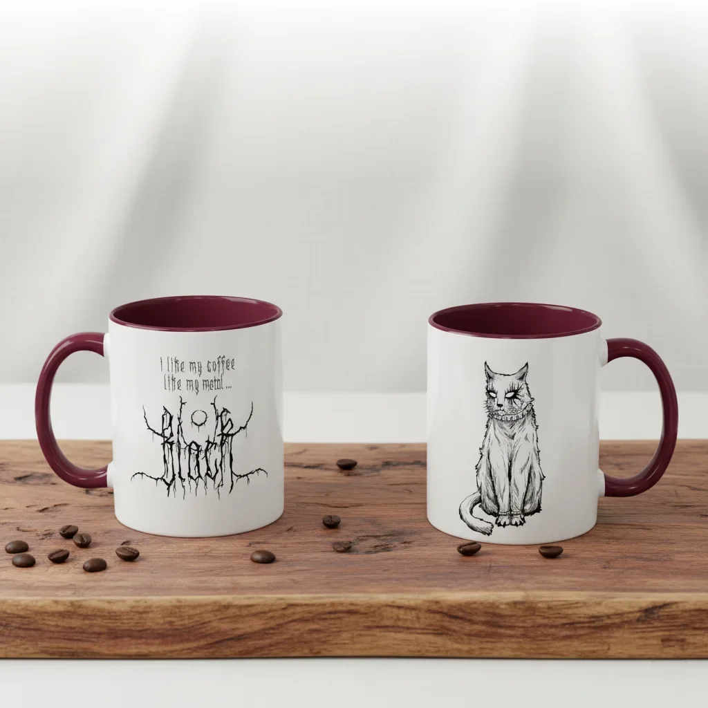 An 11oz maroon metal coffee mugs brewing darkness