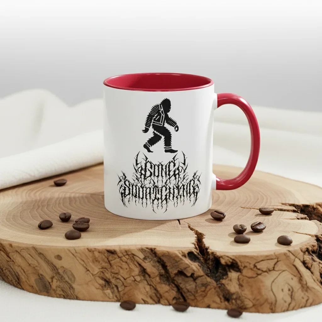 An 11oz red funny coffee mugs vessel for Sasquatch seekers