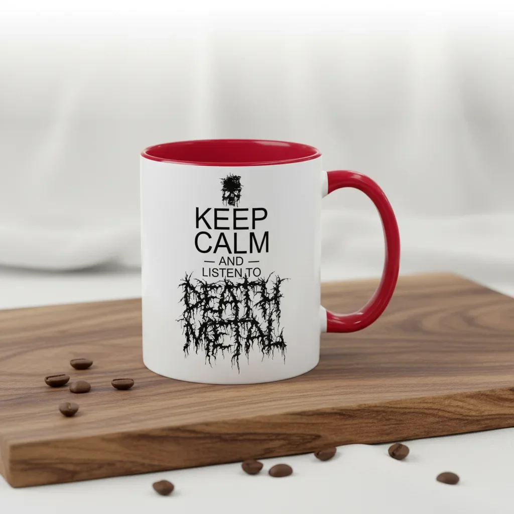 An 11oz red heavy metal mug for acoustic assault survivors