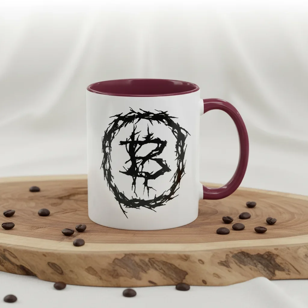 An 11oz maroon bitcoin coffee mug for maximum stacking power