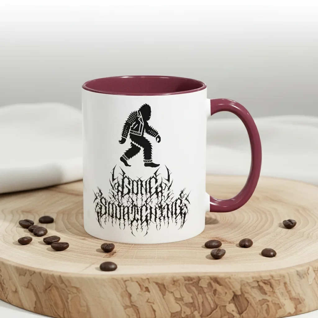 An 11oz maroon gone squatching mug for forest expeditions