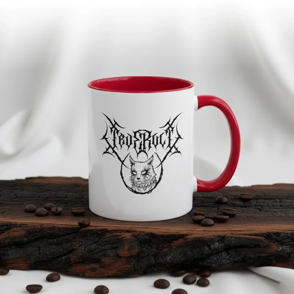 An 11oz red fun mug vessel for corpse-painted souls