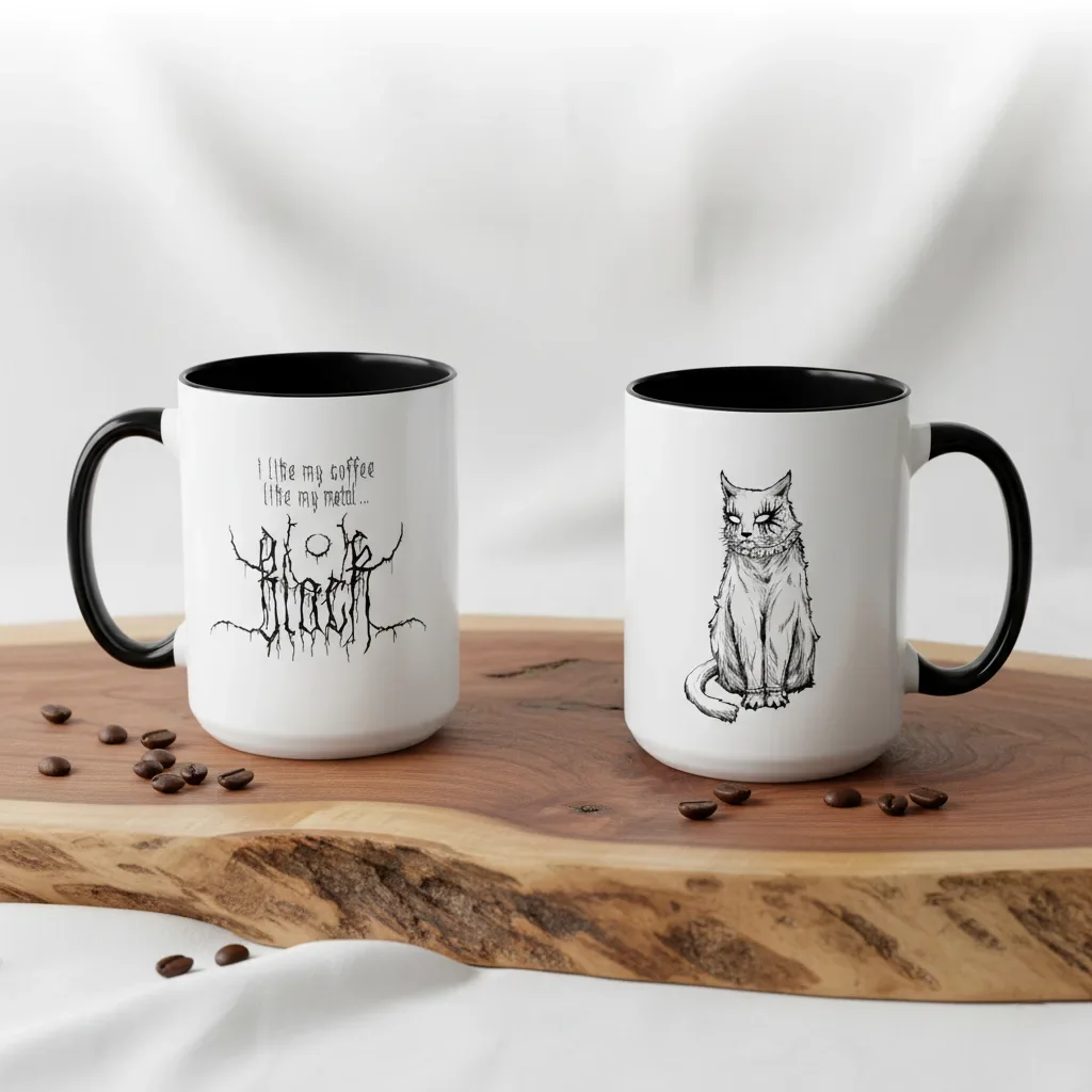 Maximum darkness in this 15oz black metalhead coffee mug