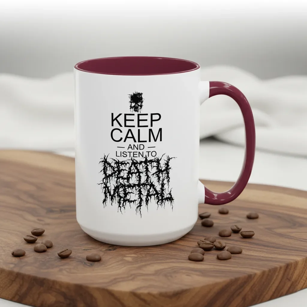 This 15oz maroon death metal coffee mug guarding sanity