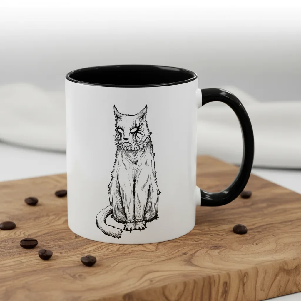 This gothic home decor comes in 11oz black for judgmental felines