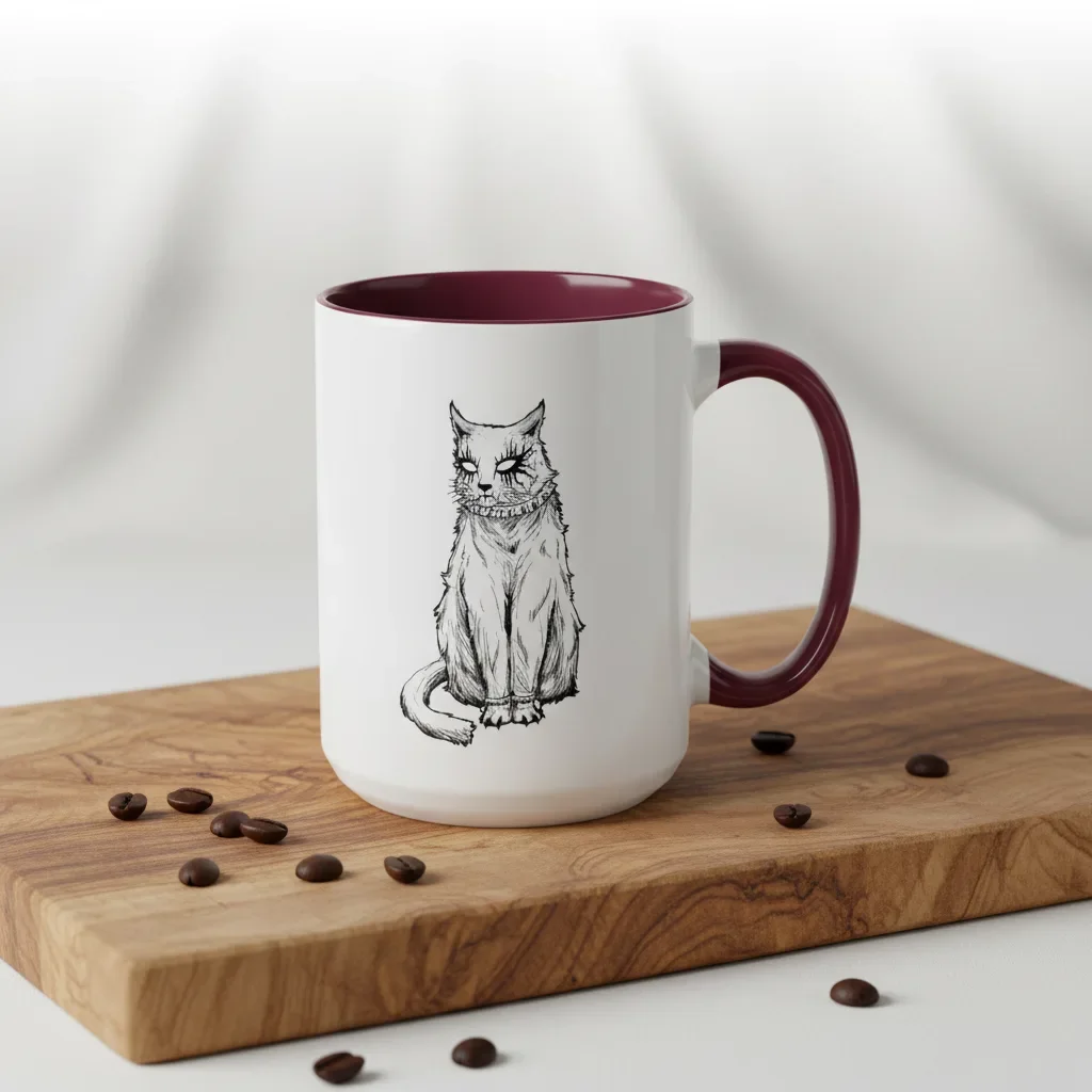 This 15oz maroon cat coffee mug unleashing judgment