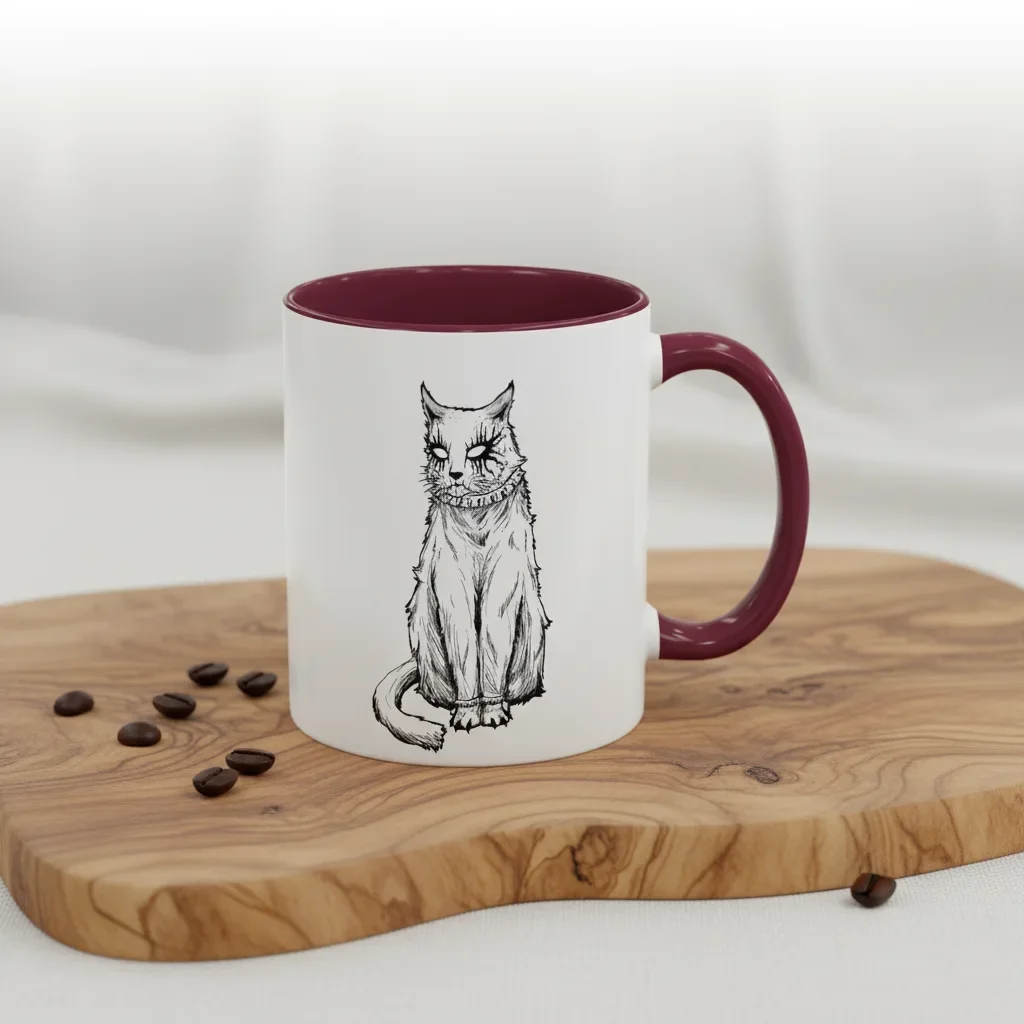 An 11oz maroon metal coffee mug of feline judgment