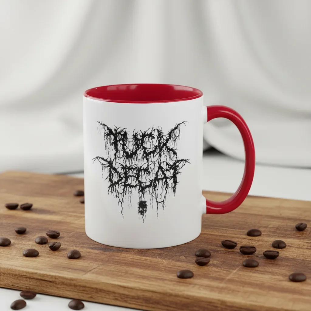 An 11oz red funny mug vessel for anti-decaf crusaders