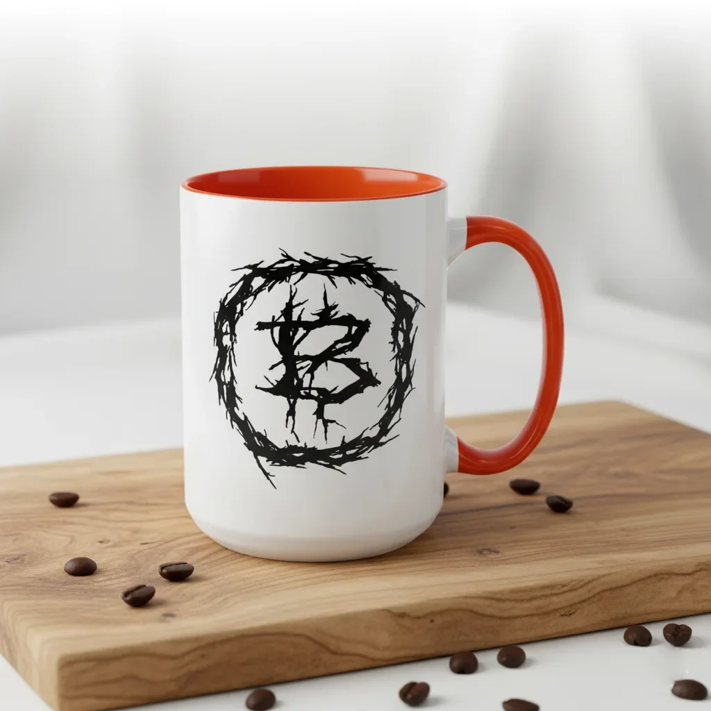 Maximum stacking power in this 15oz orange bitcoin-inspired mug