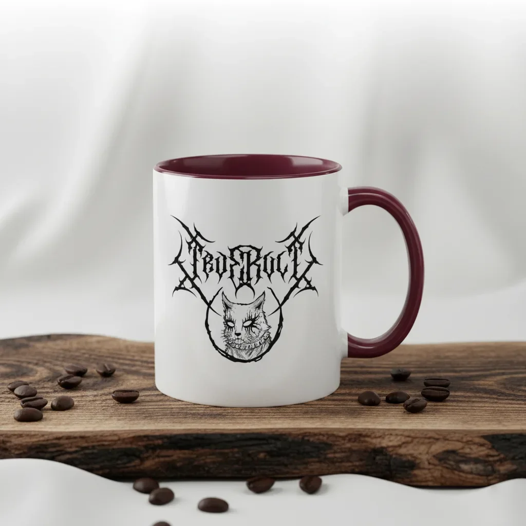 An 11oz maroon creative coffee mugs for metal elitists