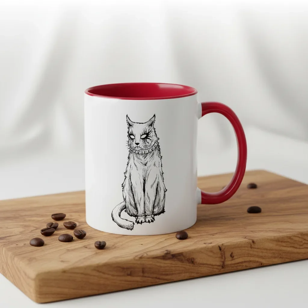 An 11oz red cat coffee mugs vessel for corpse-painted cats