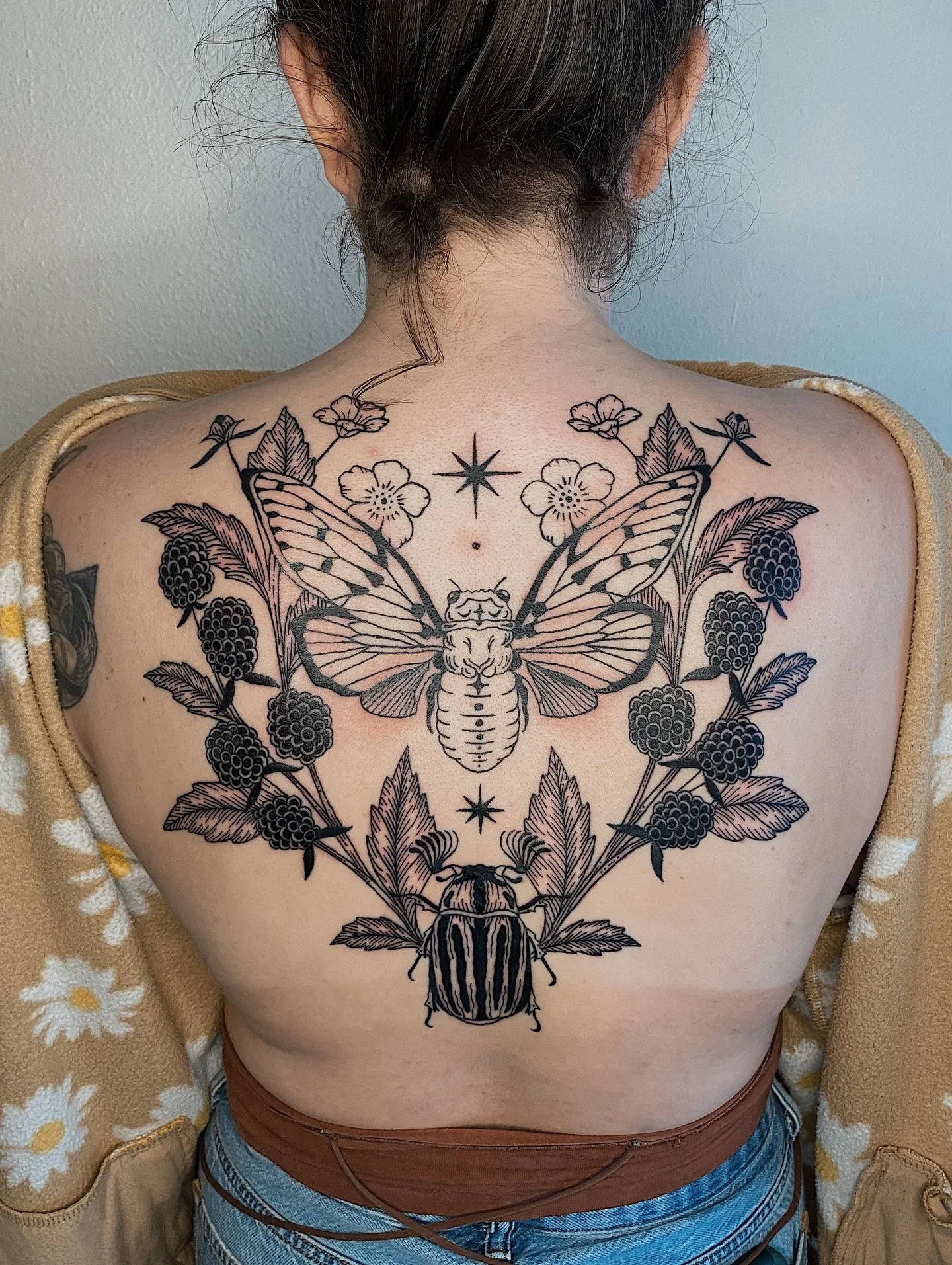 Still one more session to go adding some more linework and a bit of shading!! So incredibly honored to be working on a few back pieces right now! This one is almost done and she&rsquo;s a beaut 🥹 Thanks, Britton!
