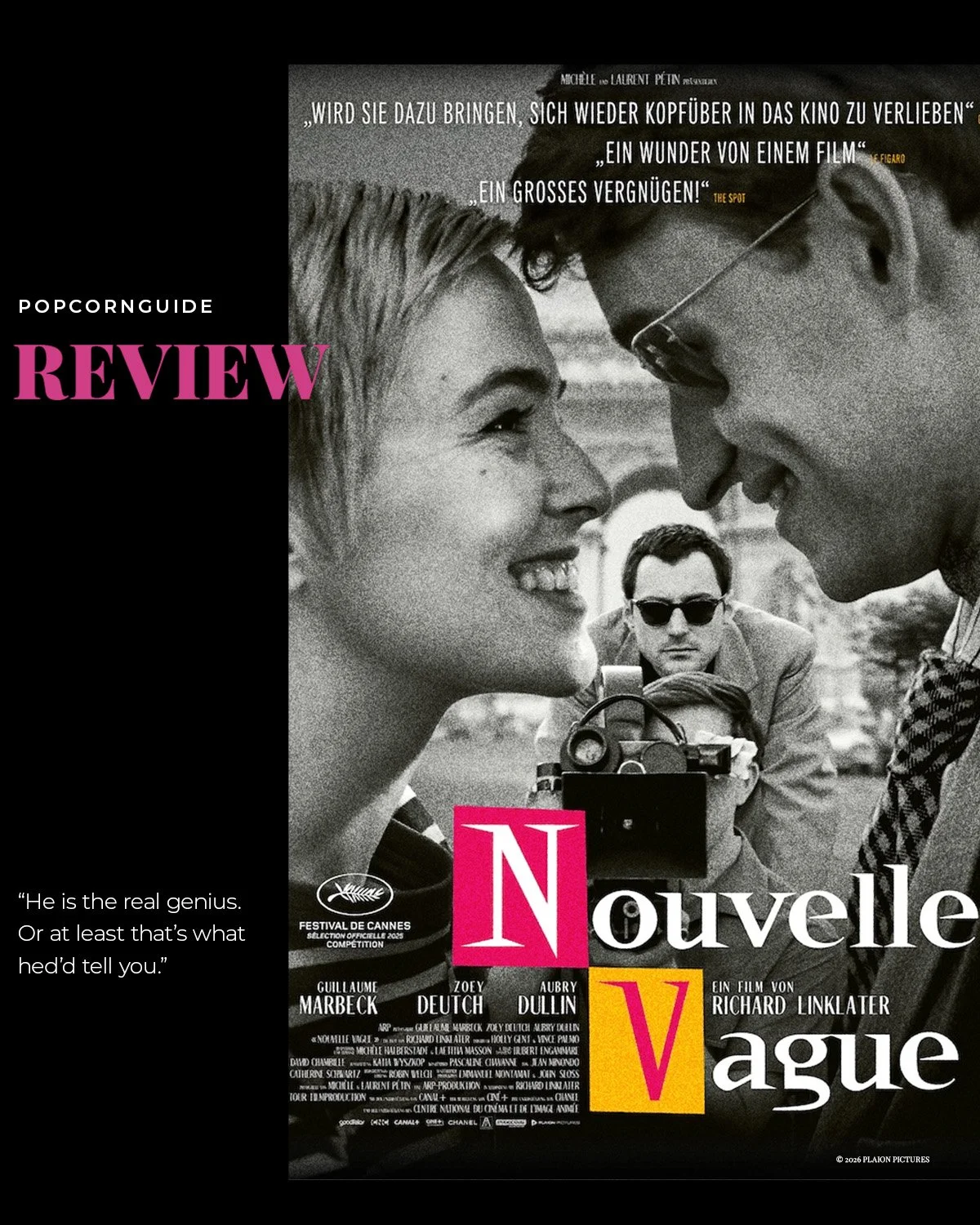 🎬 NOUVELLE VAGUE ist ein Film f&uuml;r absolute Film-Snobs &ndash; und ich meine das vollkommen liebevoll. Richard Linklater widmet sich hier dem Entstehungsprozess von &bdquo;Au&szlig;er Atem&ldquo; und erz&auml;hlt diese Geschichte fiktiv, aber ex