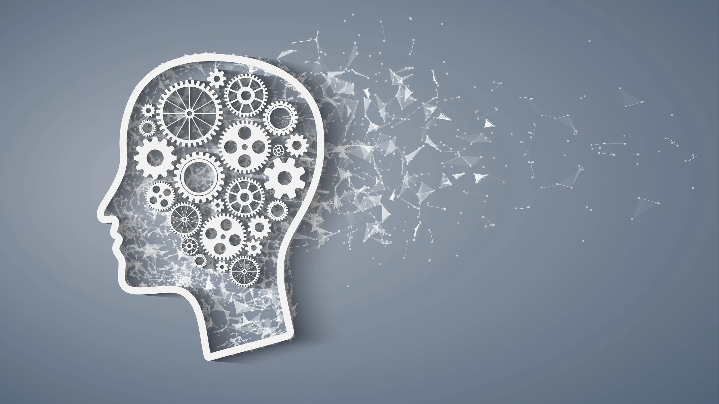 Outline of a human head with gears inside and digital connections dispersing outward, symbolizing artificial intelligence or cognitive processes.